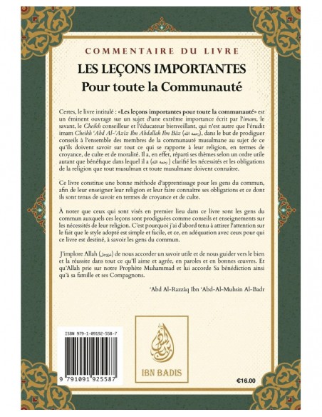 Commentaires du livre les leçons importantes pour toute la communauté