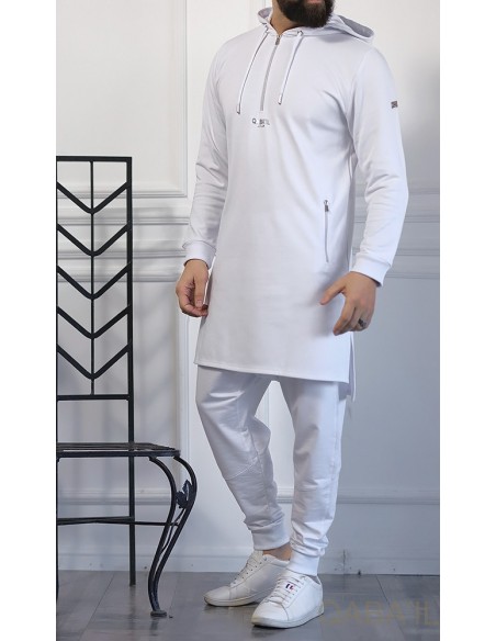 Qamis court qaba'il be hood 2090 blanc et argent
