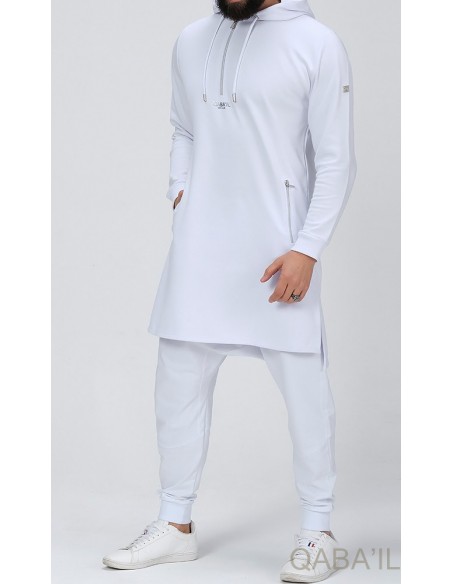 Qamis court qaba'il be hood 2090 blanc et argent