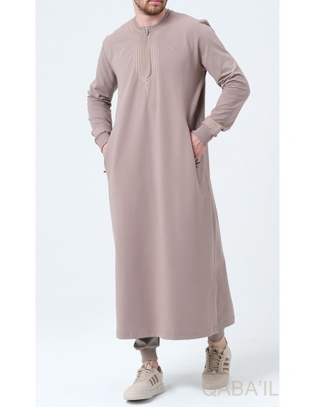 Qamis qabail brodé Sham taupe